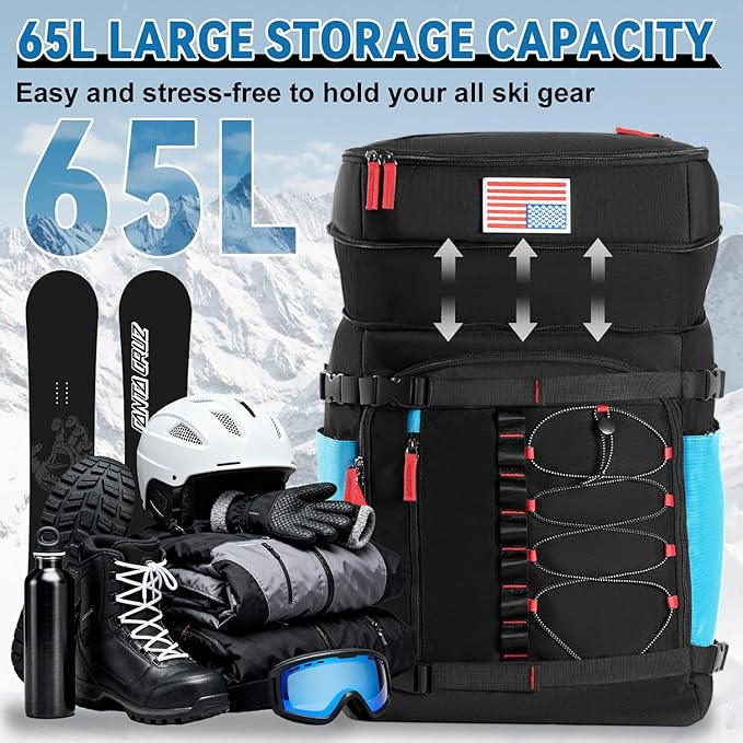 Ski Boot Bag, 65L Ski Boot Bag Backpack Large Ski Boot Travel Backpack Waterproof Ski Bag Ski Equipment Bag for Skis Snowboard & Accessories
