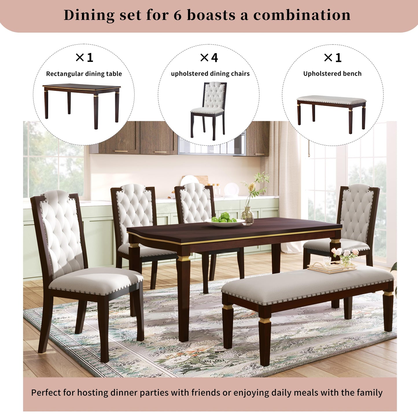 Merax 6-Piece Solid Wood Dining Table Set, Modern Elegant 60" Rectangular with 4 High-Back Tufted Upholstered Chairs + 1 Bench for Kitchen Room, Espresso