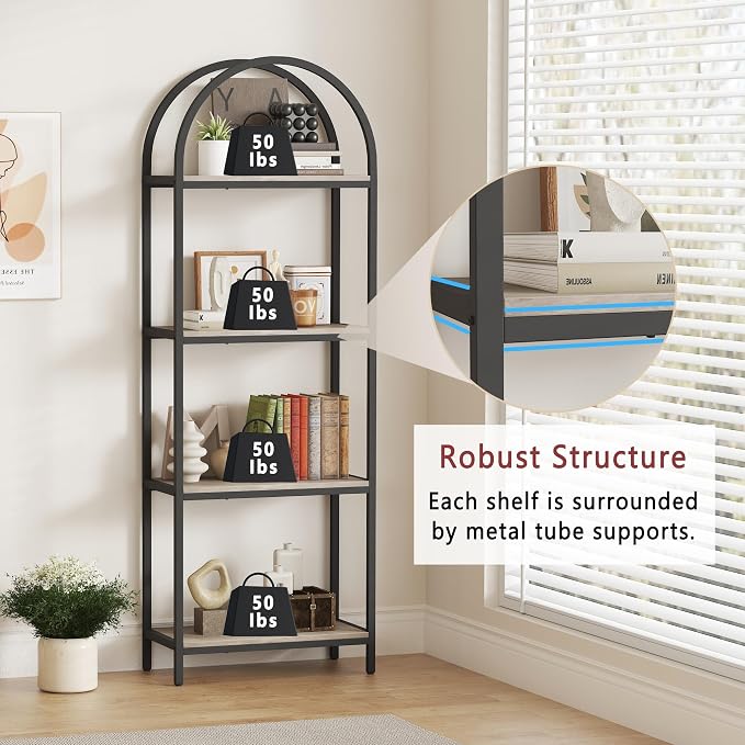 Yusong Bookshelf 4 Tier Arched Bookcase, 71.3" Tall Industrial Open Book Shelves for Living Room, Modern Freestanding Display Shelving Storage Rack Metal Frame, Office, Bedroom, Grey