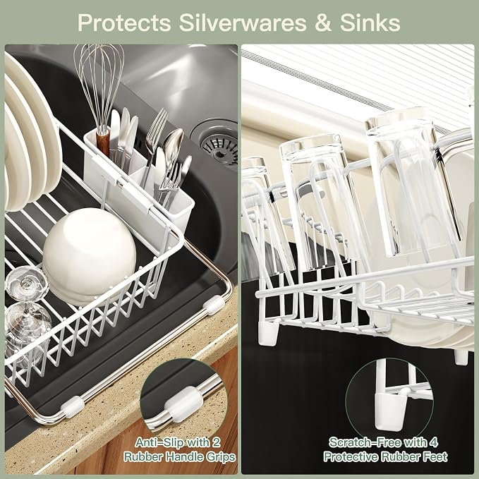 MAJALiS White Dish Drying Rack Over Sink with Utensil Holder, Drainboard | Expandable Stainless Steel Dish Drainer for Small Kitchen, Apartment, RV, Counter Space Saving, Perfect Fit, Rustproof