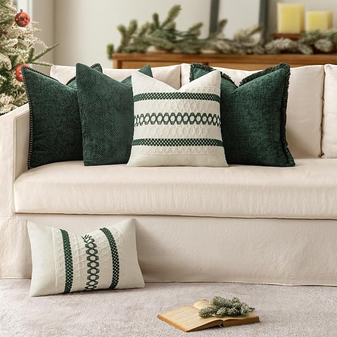 MIULEE Pack of 2 Pillow Covers 18x18 Inch Dark Green Farmhouse Decorative Throw Pillow Covers with Stitched Edge Soft Chenille Solid Dyed Couch Pillow Covers for Sofa Bed Living Room