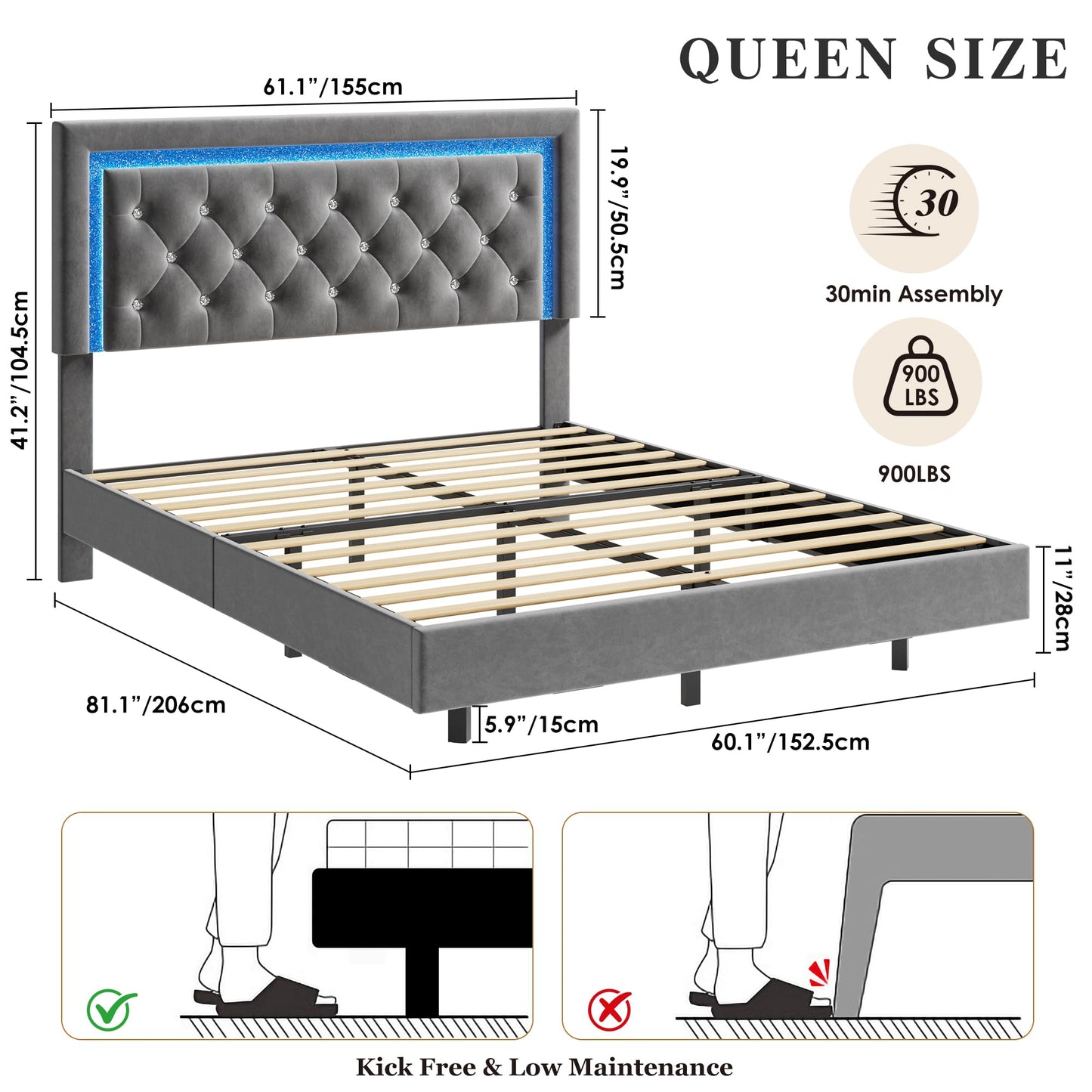 IDEALHOUSE Floating Queen Platform Bed Frame with Smart LED Lights – Modern Upholstered Diamond Headboard, Sturdy Wood Slats, Noise-Free, Easy Assembly, Sturdy Bedroom Furniture