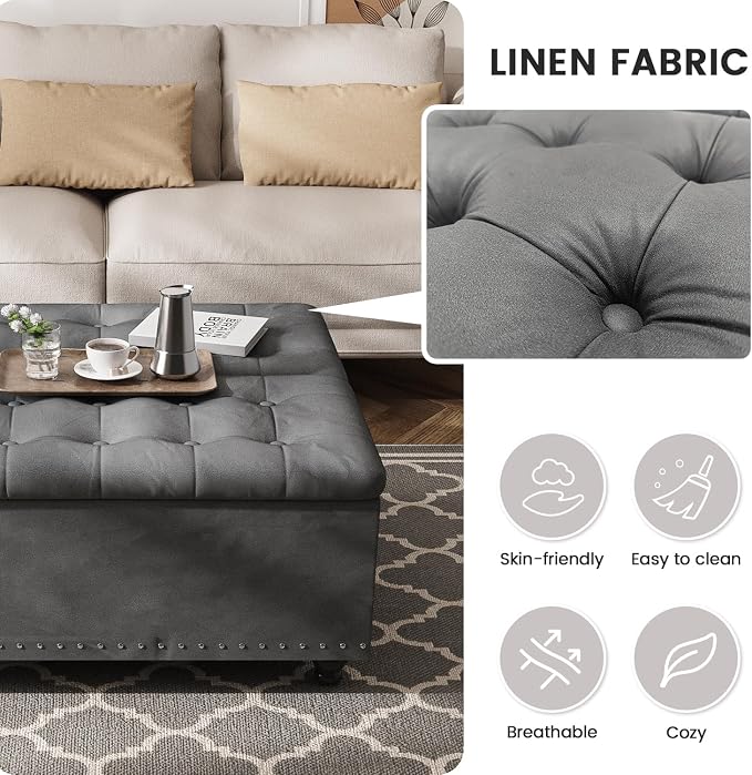 FUXA 35 Inch Large Square Ottoman with Storage, Oversized Ottoman Coffee Table with Lift Top and Wood Legs, Tufted Upholstered Storage Ottoman Bench for Living Room (Gray)
