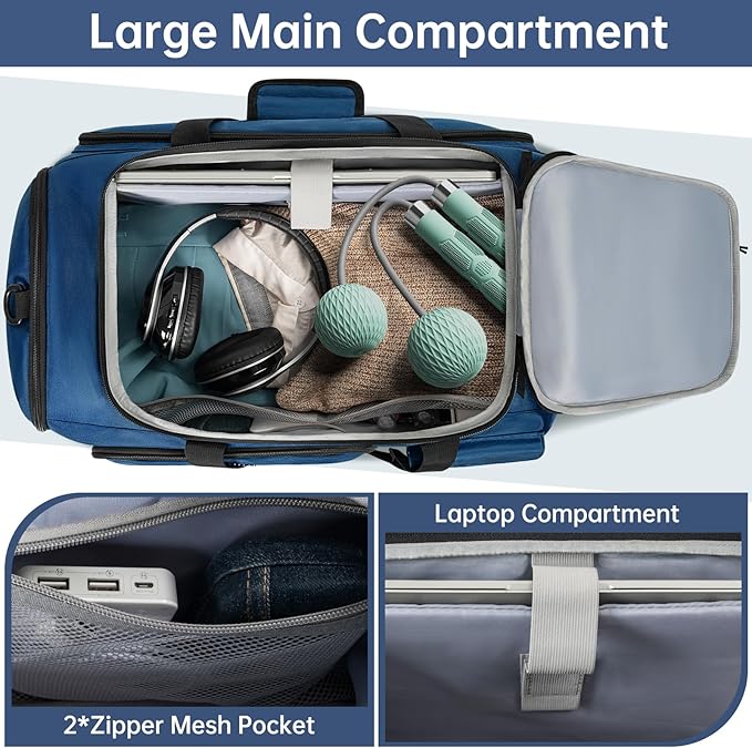 Gym Bag for Women & Men, Sports Travel Duffle Bag with Shoe Compartment, Anti-Theft Carry On Weekender Bag, Water Resistant Overnight Backpack for Airplane, Gym, Travel (Blue Black)
