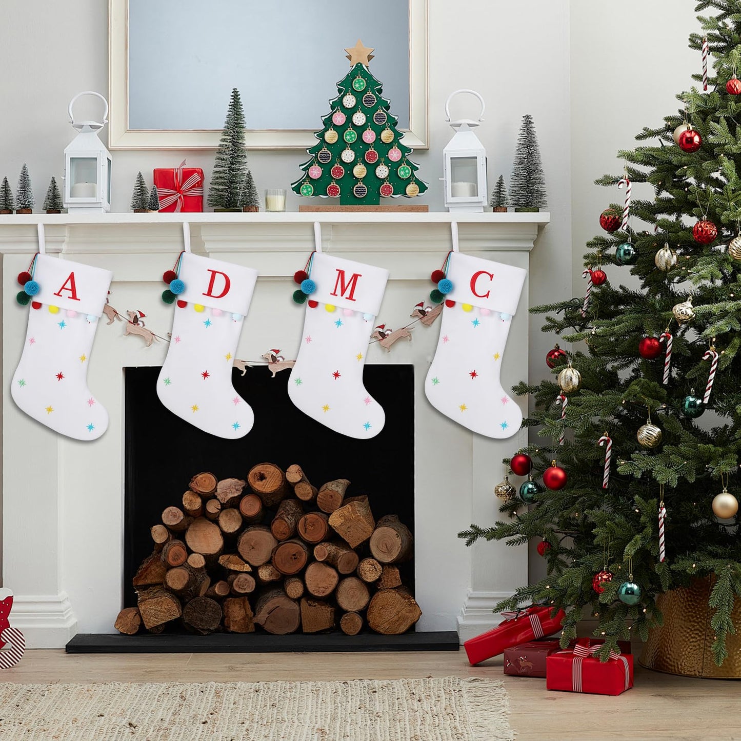 SIRIPHUM 19.5 Inches Initial Monogram White Christmas Stocking Personalized, Embroidered Letter Fleece Christmas Stocking with pom poms Decoration for Family Christmas Holiday Party Decor-E