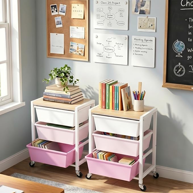 Rolling Cart with 3 Drawers, Plastic Drawer Storage Carts with Lockable Wheels & Wooden Tabletop, Metal Art Craft Utility Cart Organizer for Home Office Bedroom Dorm Bedside Classroom, Bright Pink