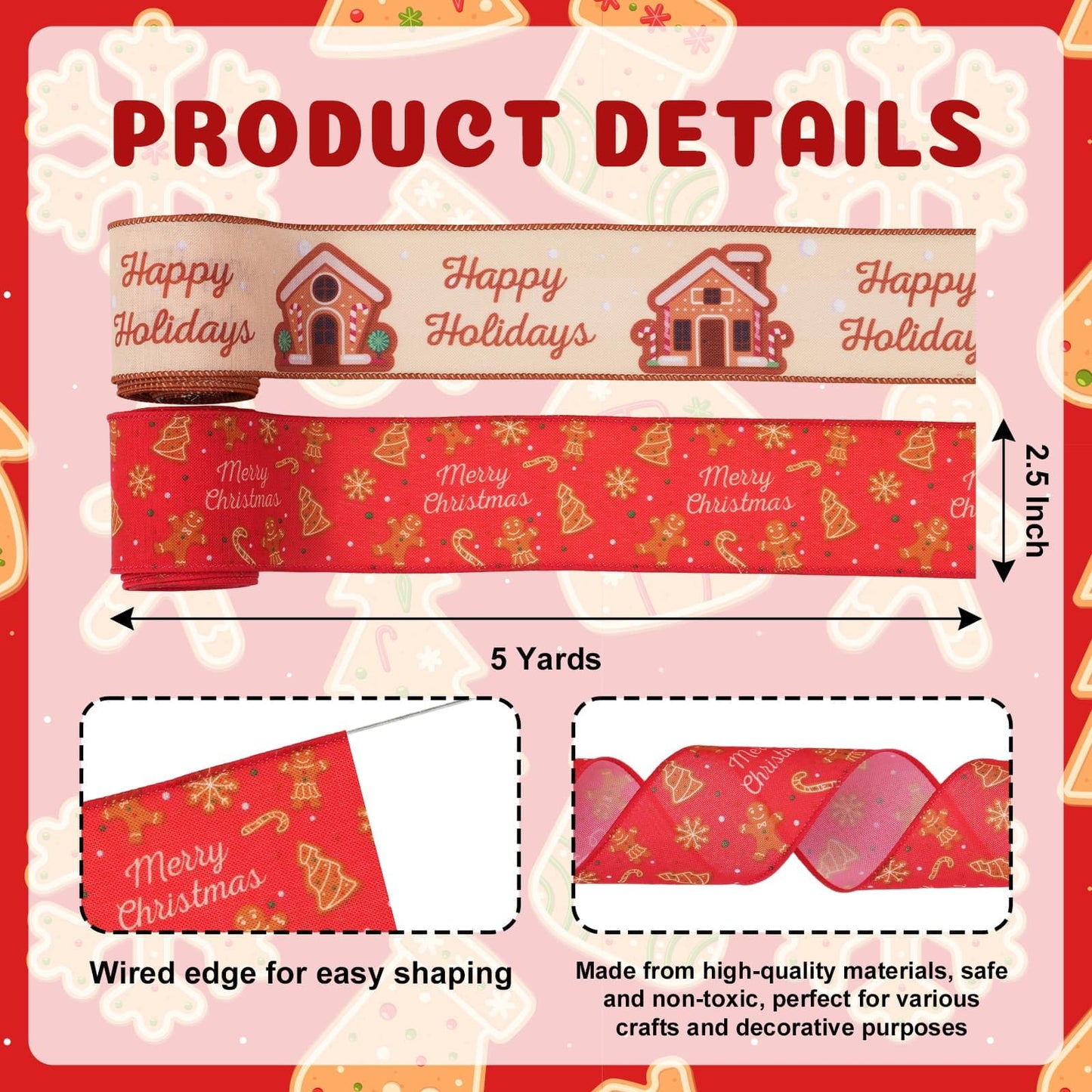 YKW 2 Rolls Christmas Ribbon Set,Gingerbread Man House Wired Edge Ribbons, 2.56" x 5 Yards Each - for Wreath,Bow, Gift Wrapping, Tree Decor - Festive Red & Cream Holiday Patterns