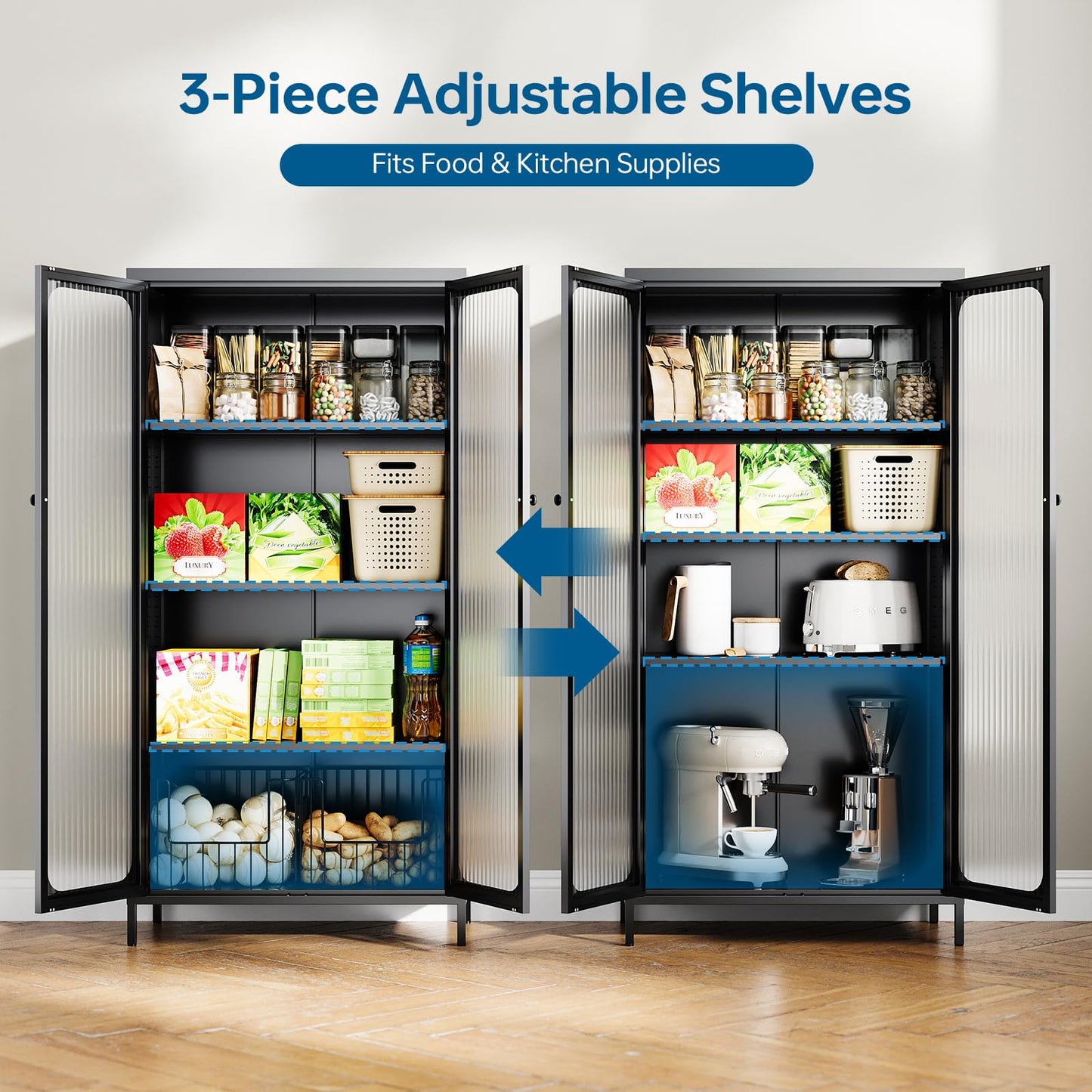 PEUKC 63'' Kitchen Pantry Storage Cabinet, Display Cabinet with Glass Doors and 3 Adjustable Shelves, Metal Kitchen Hutch Storage Cabinet for Dining Room, Living Room (Black)
