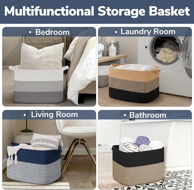 Goodpick Woven Baskets for Organizing, 18" x 14" x 12" Large Storage Basket for Living Room Bedroom, Decorative Toy Baskets Storage Kids Rectangle Blanket Basket with Handles, Dark Blue