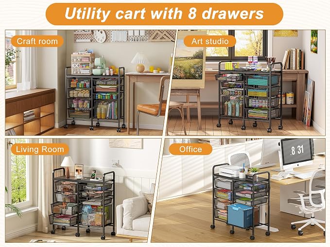 Aokitsink Rolling Cart with Drawers,8-Drawer Storage Cart with Wooden Tabletop and Lockable Wheels,Craft Storage & Art Supply Organizer,Letter-Size File Drawer for Classroom, Office & Home