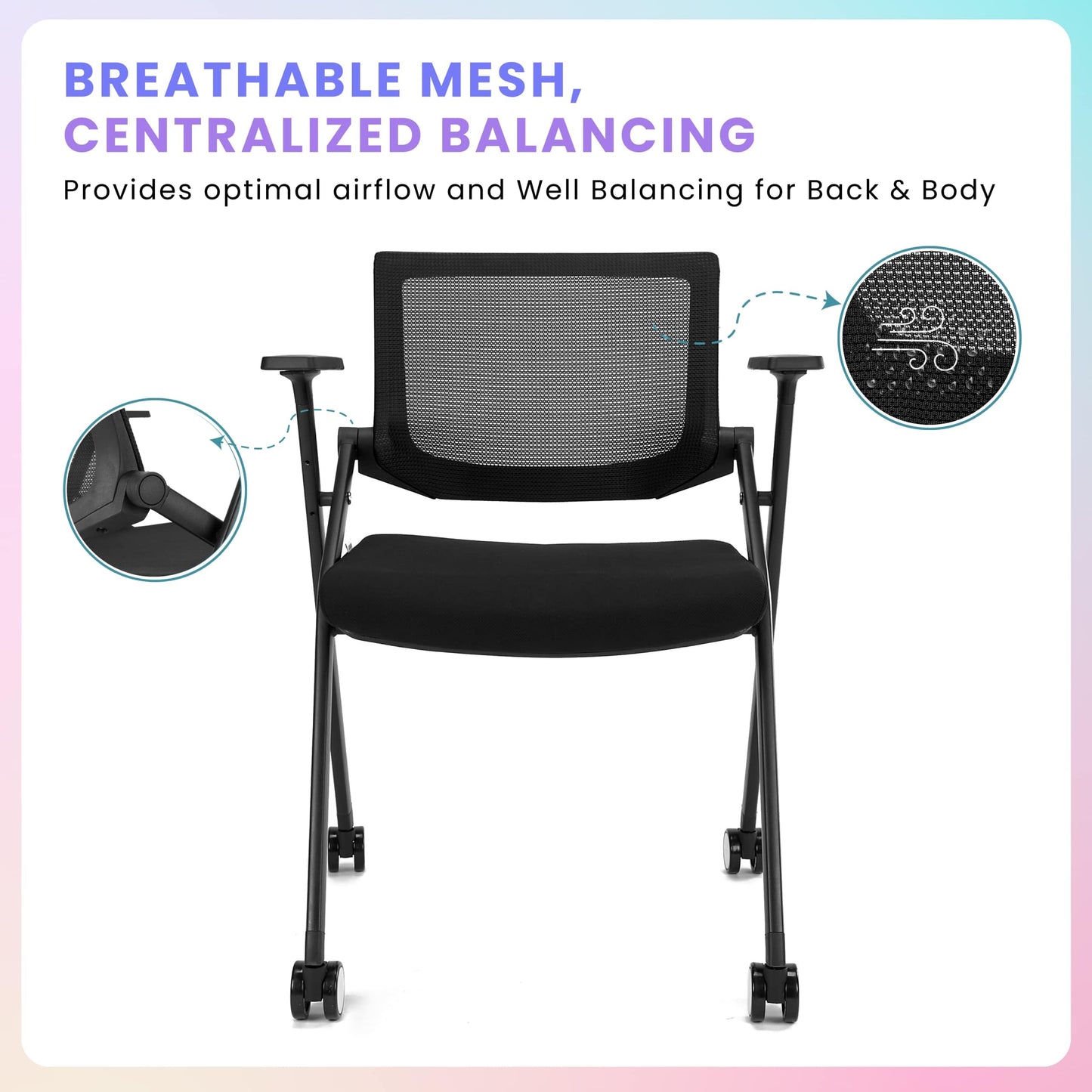 BROBRIYO, 4 Pack Stackable Conference Room Chairs with Wheels and Paddle, Ergonomic Mesh Back and Arms for Meeting, Conference, Reception, Training Room & Home Office Desk Folding Chairs (2 Boxes)