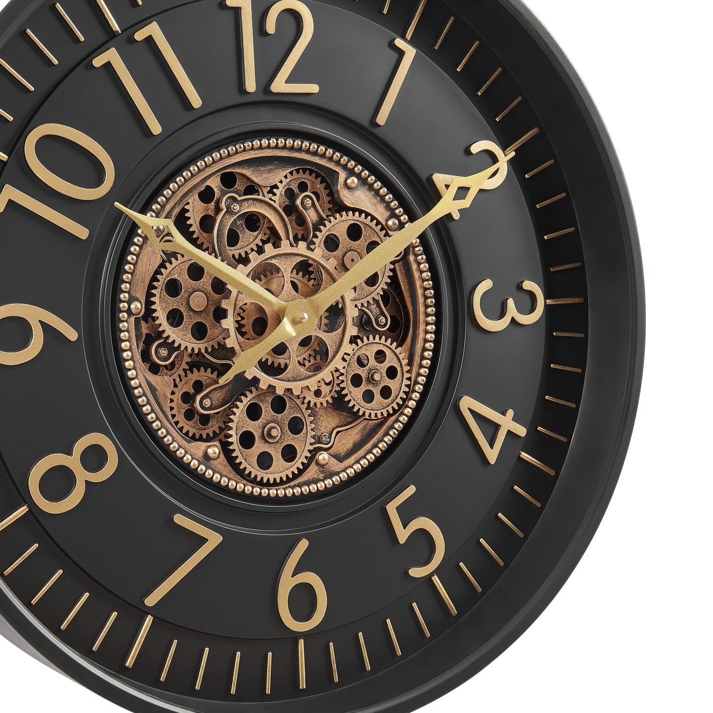 CLXEAST 21 Inch Moving Gear Wall Clock, Large Regular Arabic Numeral Wall Clocks for Living Room Decor,Modern Black& Gold Finish,House Warming Gifts New Home
