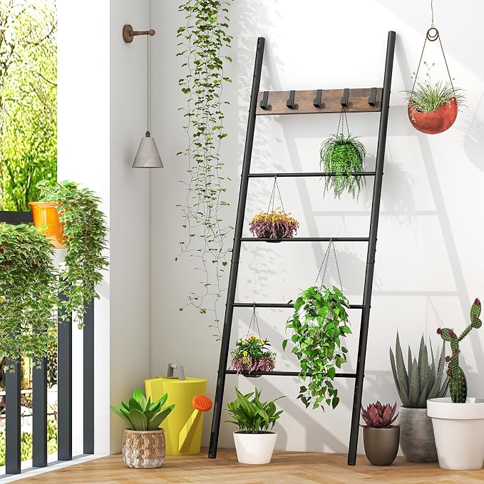 Tangkula Blanket Ladder, 5-Tier Ladder Shelf with 5 Removable Hooks, Wall-Leaning Decorative Blanket Holder with Metal Frame, Industrial Towel Display Rack for Living Room, Bathroom