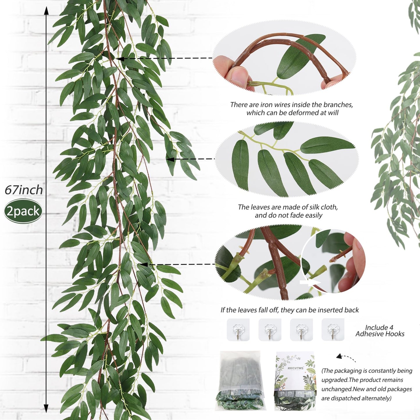 RECUTMS Artificial Willow Leaves Vine Twigs 2Pcs 5.7Ft Fake Hanging Ivy Plants Silk Green Leaf Rattan Garland Greenery Decor for Indoor Outdoor Home Wedding Arch Jungle Beach Birthday Party Garden