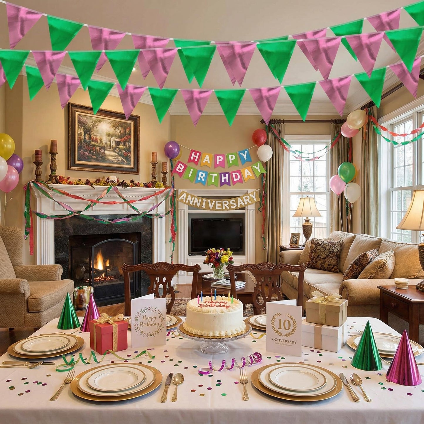 64ft Green and Pink Triangle Pennant Banner Flag Metallic Paper Bunting Garland for Hanging Backdrop Birthday Decorations Graduation Bachelorette Bridal Wedding Shower Party Supplies