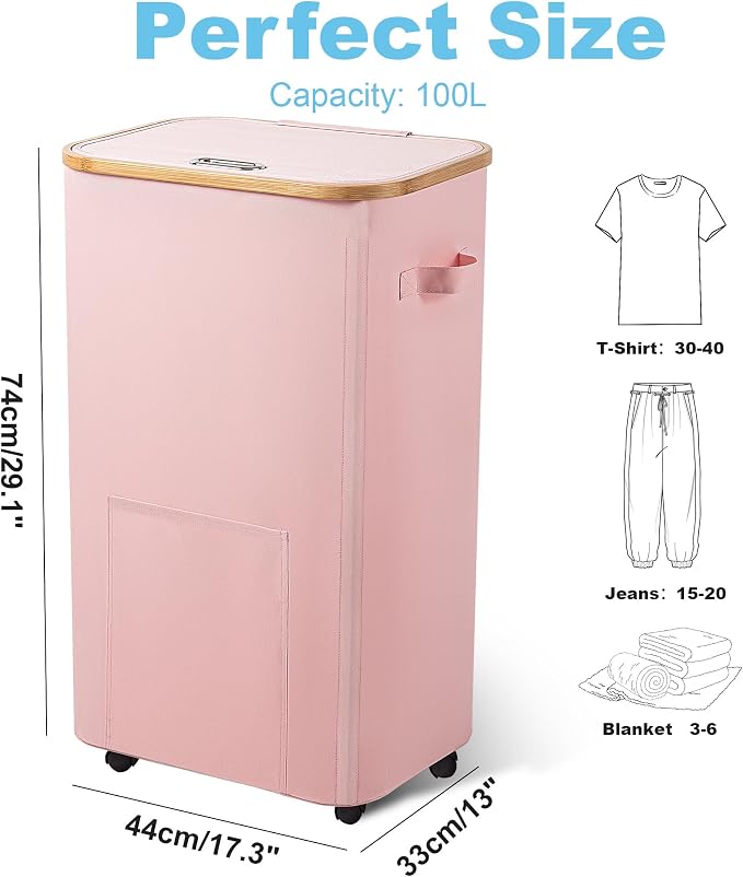 Vincona Laundry Basket with Wheels, Tall Dirty Clothes Hamper on Wheels, Rolling Laundry Hamper with lid for Dorm, Bedroom and Bathroom (Pink, 100L)