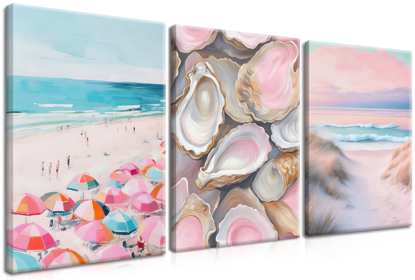 Preppy Coastal Canvas Wall Art Set of 3, Trendy Pink Beach Wall Decor Paintings, Summer Beachy Shells Oyster Aesthetic Posters Prints Pictures for Girls Room Dorm Bathroom Bedroom 12x16 Inch Framed