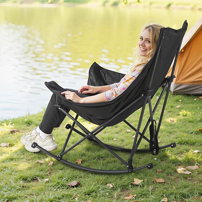 VEVOR Rocking Camping Chair, Portable Folding Rocker, Heavy-Duty Lawn Chair Recliner with Cupholder & Pocket, Supports 225lbs, Fully Padded Camp Chairs for Outdoor Patio Backyard Porch Garden