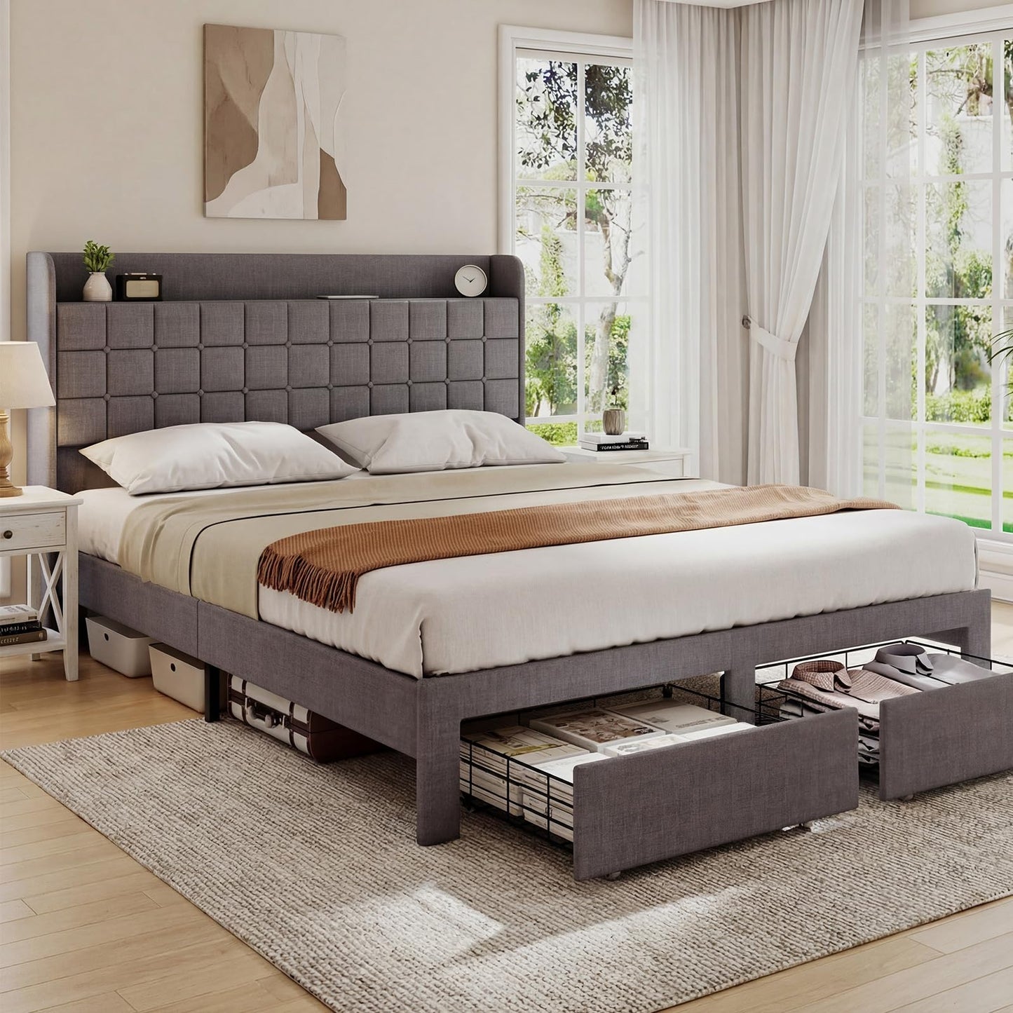HAPPYMONT Queen Size Upholstered Bed Frame with Storage Drawers, Platform Bed with Fabric Headboard, Wooden Slats Support, No Box Spring Needed, Easy Assembly, Gray