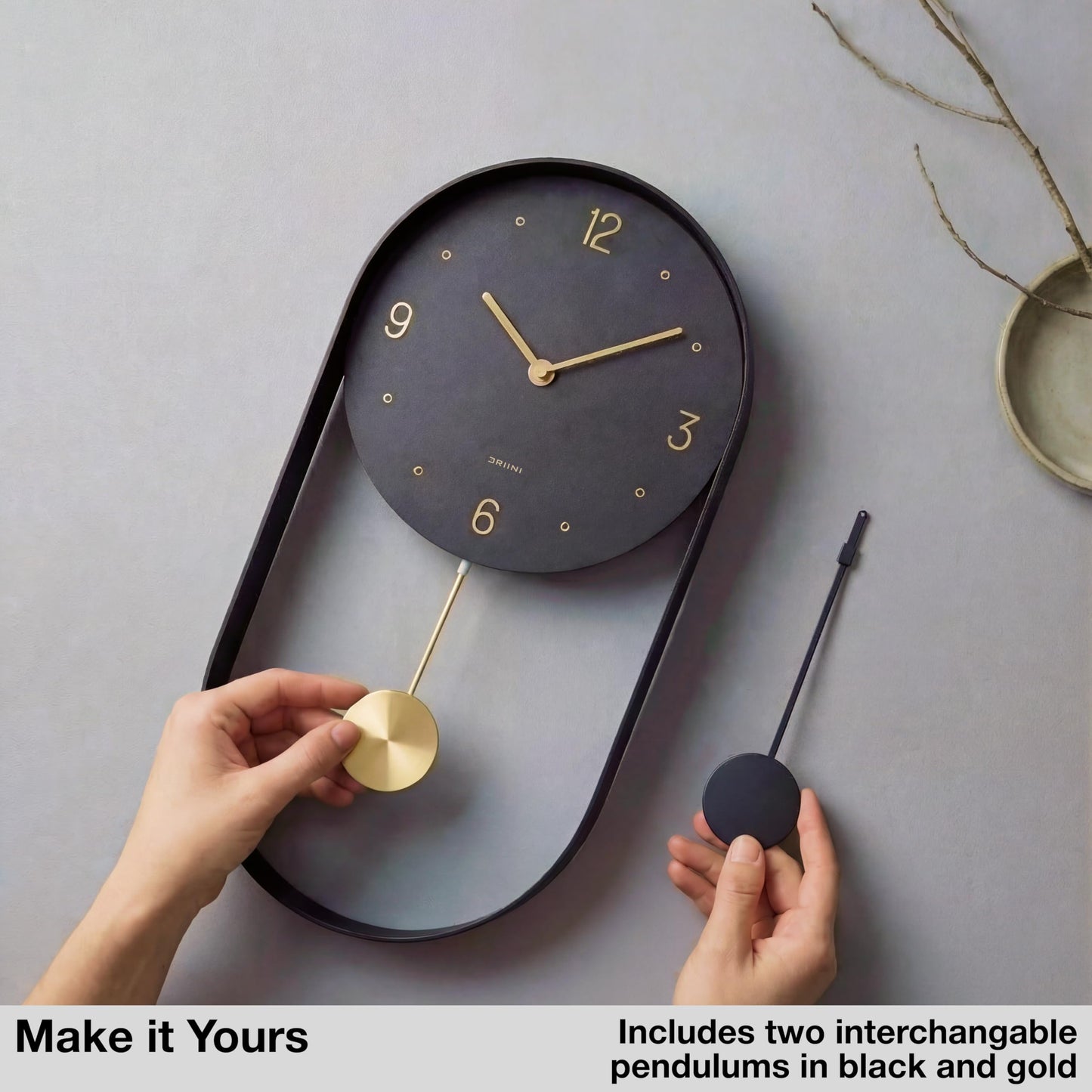 Driini Modern Pendulum Wall Clock - Black and Gold Decorative Wall Clock with Pendulum - Modern Minimalist Metal Wall Clock for Living Room Décor - Silent Battery Operated Wall Clock