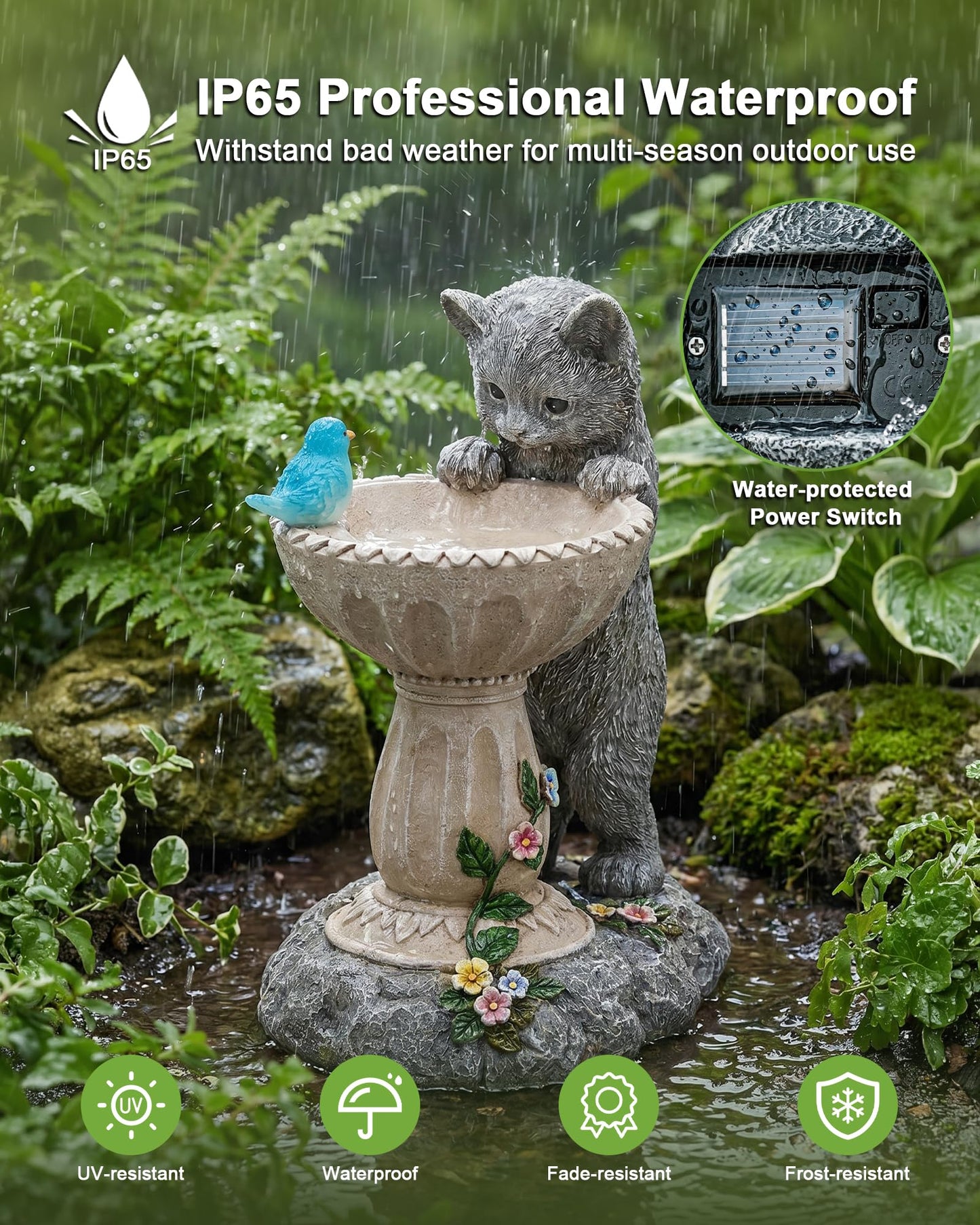 Nacome Solar Cat Statue for Garden Decor: IP44 Weatherproof Resin with Automatic Lighting - No Installation- Outdoor Yard Patio Balcony Art - Birthday Gifts for Bird Lovers Mom Grandma Women