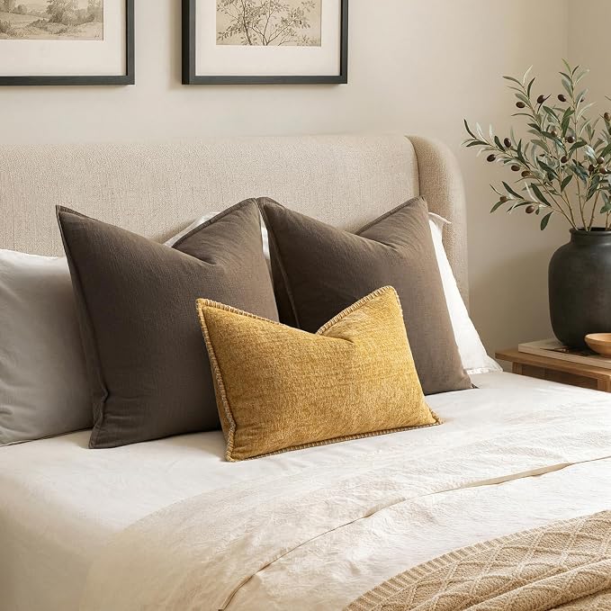 MIULEE Pack of 2 Lumbar Throw Pillow Covers 12x20 Inch Gold Mustard Yellow Farmhouse Decorative Pillow Covers with Stitched Edge Soft Chenille Solid Dyed Pillow Covers for Couch Sofa Bed Living Room