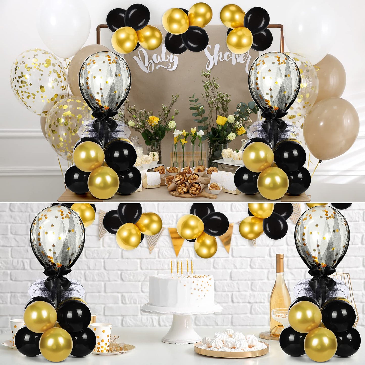 BBTO 8 Set Gold Black Table Centerpieces Balloons Stand Kit, Latex Balloons and Table Stand Holder with Base Tulle for Wedding Birthday Mother's Day Baby Shower Party