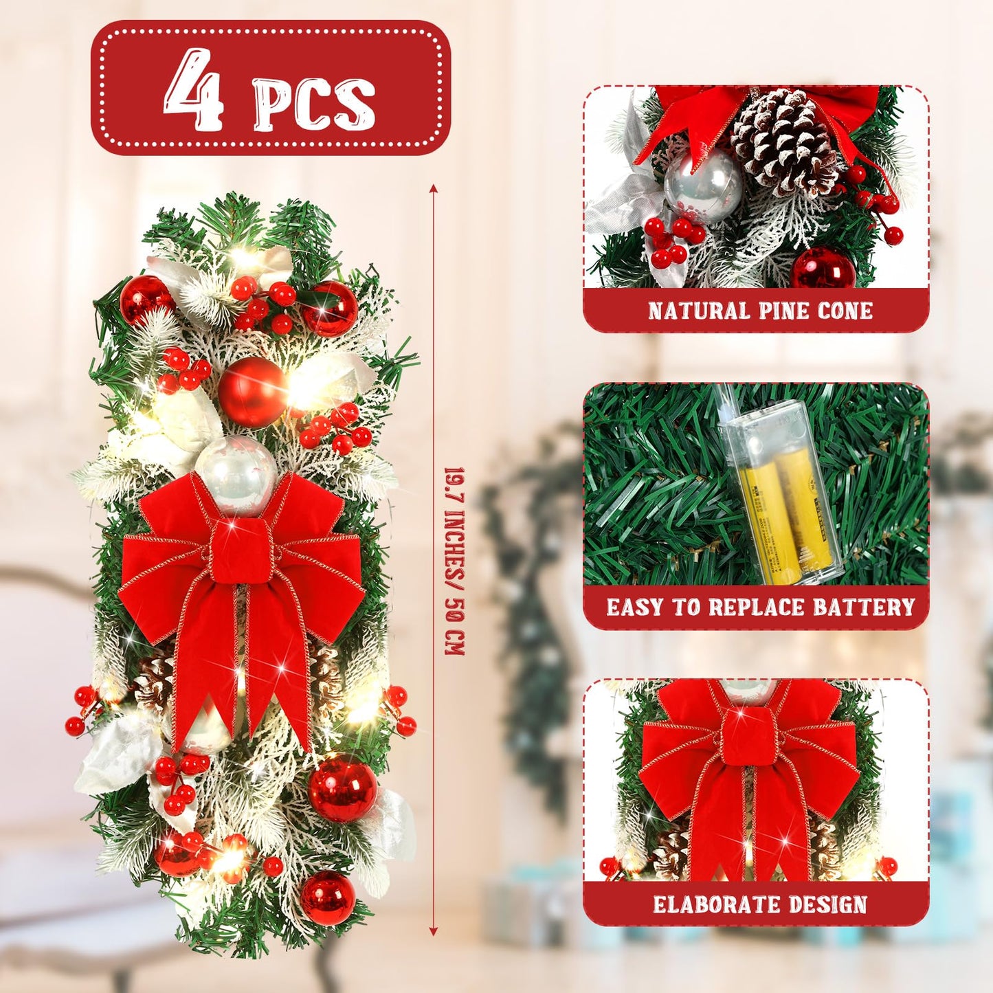 Giegxin 4 Pcs 19.7 Inches Light up Christmas Stair Swags LED Prelit Teardrop Swag Norfolk Pine Garland Artificial Stairs Garland Pine Cone Props for Indoor Outdoor Hanging Decor