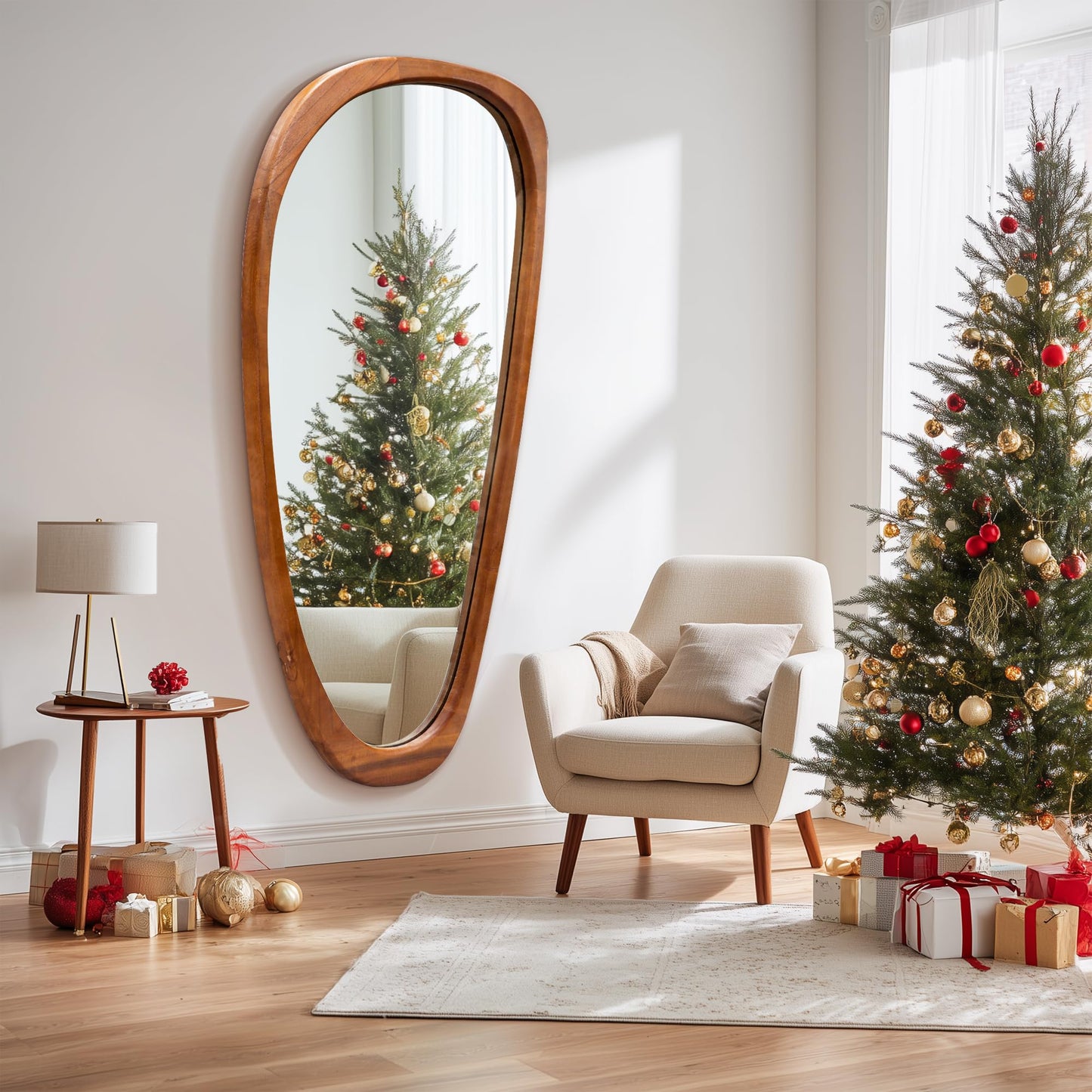 Inbenioso 22‘’x48'' Asymmetrical Mirror with Wood Frame, Small Irregular Wall Odd Shaped Mid Century Modern Mirror Christmas Decor for Bedroom Living Room Entryway Hall (Wood)
