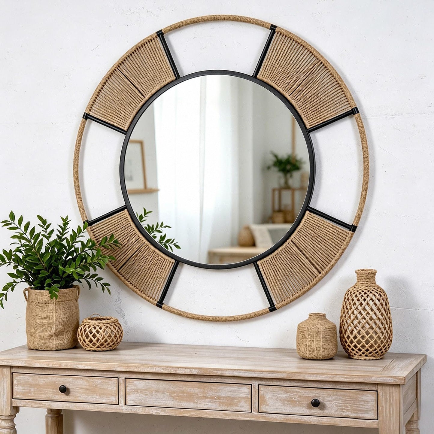 Autdot Large Boho Round Wall Mirror for Living Room, 42.5'' Coastal Circle Mirror with Detachable Rattan Frame, Rustic Circle Mirrors for Dining Room Bathroom Hallway Entrance