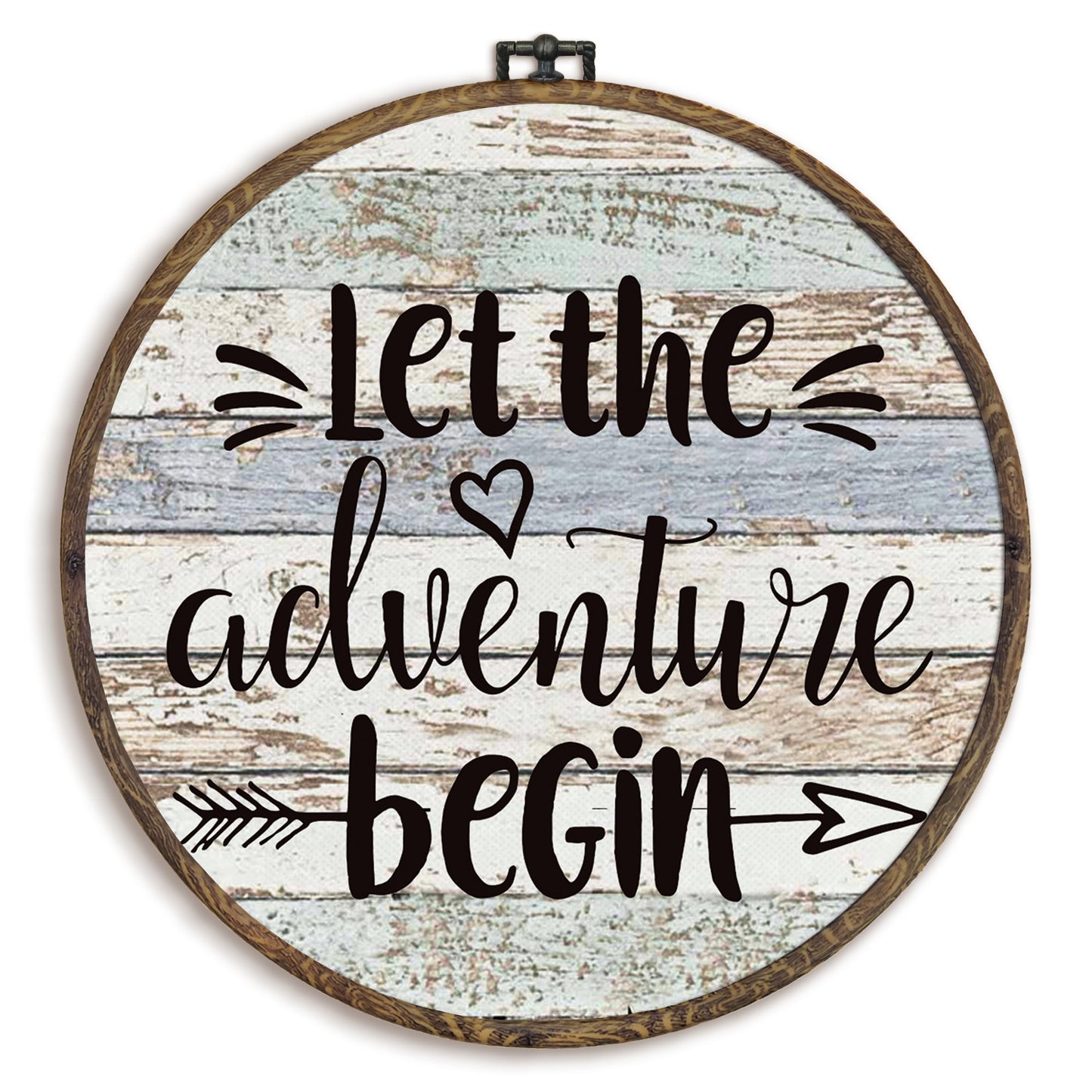 KFXHANGD Let the Adventure Begin Round Wall Art Framed, Camping Canvas Wall Art Decor, Adventure Wall Decor, Camper Gifts, Rustic Campsite Hanging Wall Decor for Bathroom Living Room, 10x10inch
