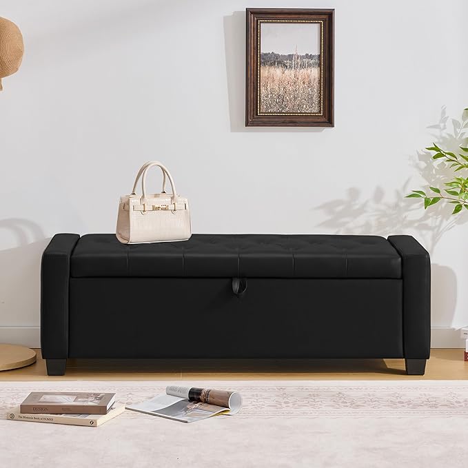 Huatean Home 48" Ottoman with Storage, Storage Ottoman Bench with Safety Hinge, Upholstered Entryway Bench with Seating for Bedroom, Living Room, Holds up to 330 lb, Light Black