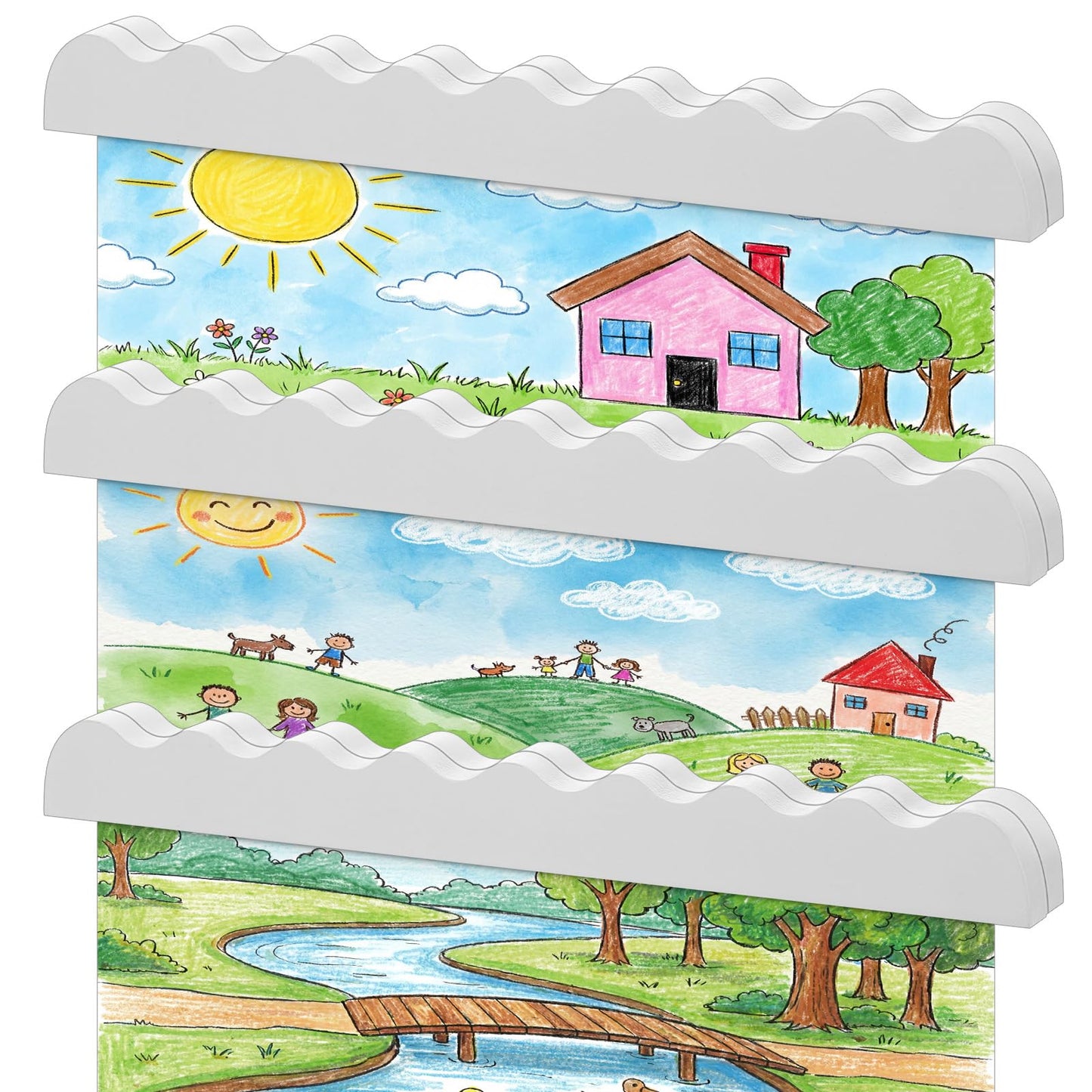 Yookeer Set of 3 Scalloped Magnetic Art Hanger Wall Mounted Artwork Display Bar with Strong Magnets White Wooden Picture Memo Holder for Art Decor Home