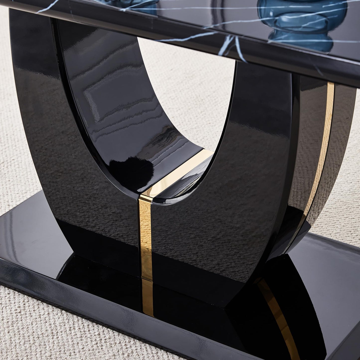 JUFU 63" Black Marble-Look Dining Table for 6, Modern Rectangular Kitchen & Dining Room Table, Glossy Faux Marble Finish Top, Pedestal Base, Easy Assembly