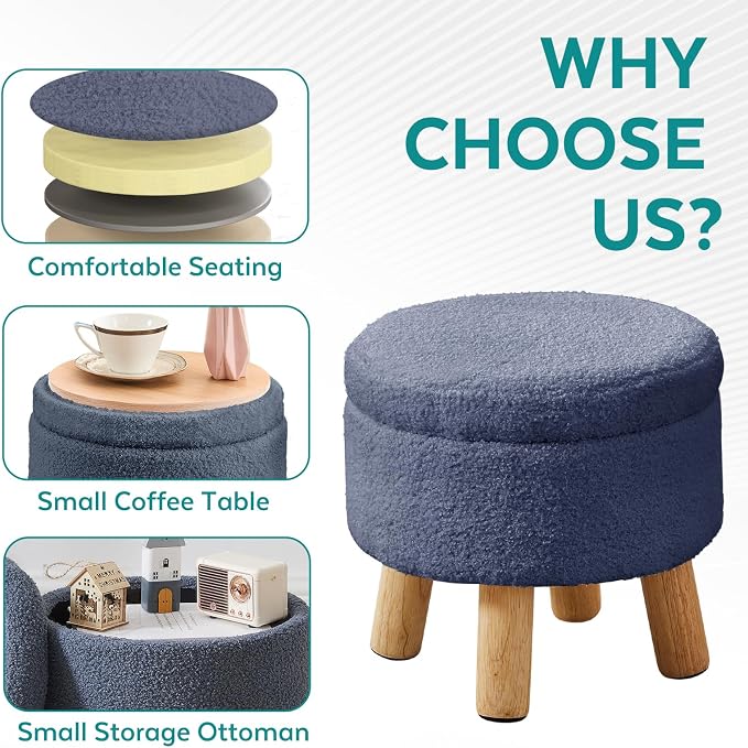 Small Foot Stool Ottoman with Storage, Sherpa Ottoman Foot Rest for Couch, Round Footstool with Storage, Small Ottomans and Footstools for Living Room and Entryway (Navy Blue)