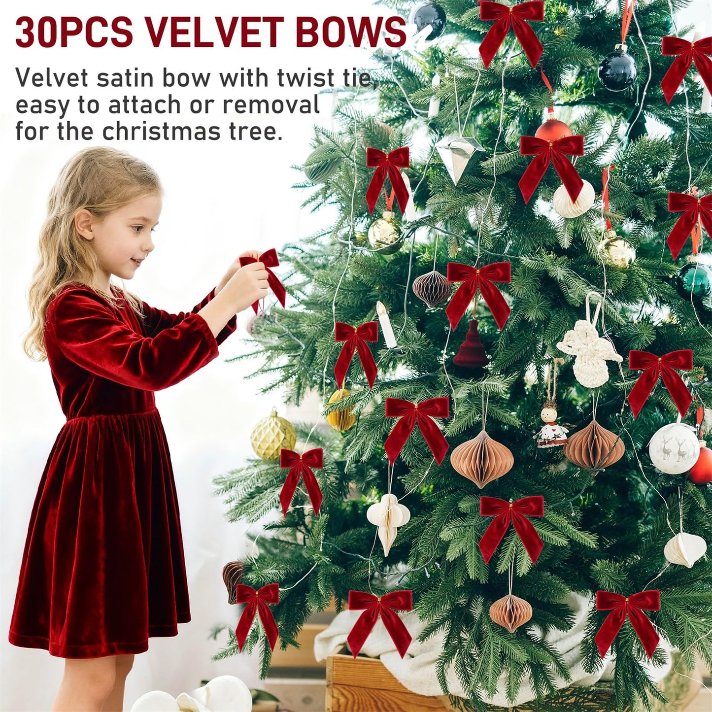 30Pcs Red Velvet Ribbon Bows Twist Tie Bows 3.5x3.5in for Christmas Tree Decorations Ornaments Wreath Baby Shower Treat Bag Gift Wrapping Crafts Xmas Candy Bags Décor