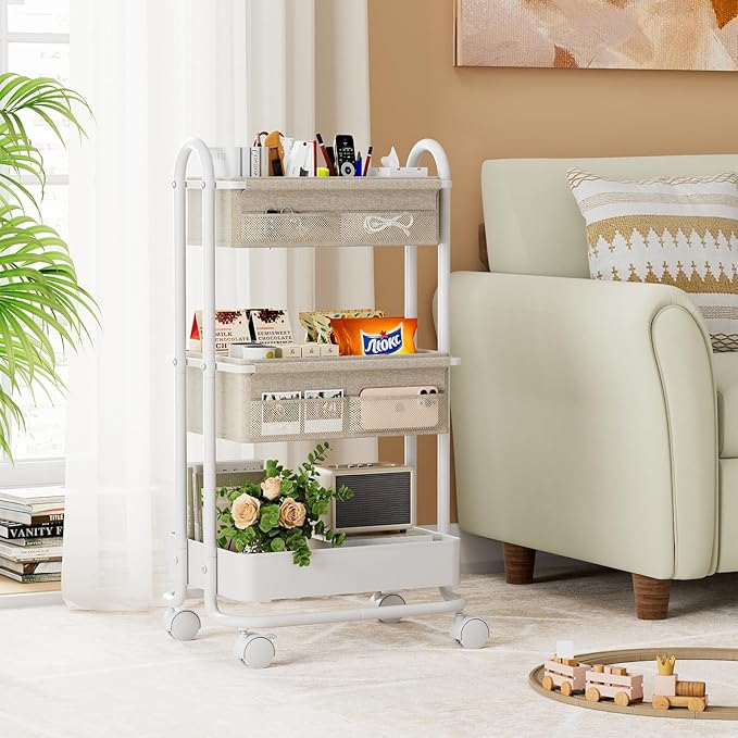 Modanais Baby Diaper Caddy Organizer Cart - 3 Tier Rolling Storage Cart with Wheels, Baby Essentials Nursery Storage, Detachable Dividers - for Crib, Bedroom, Art & Craft Organizer (Off White)