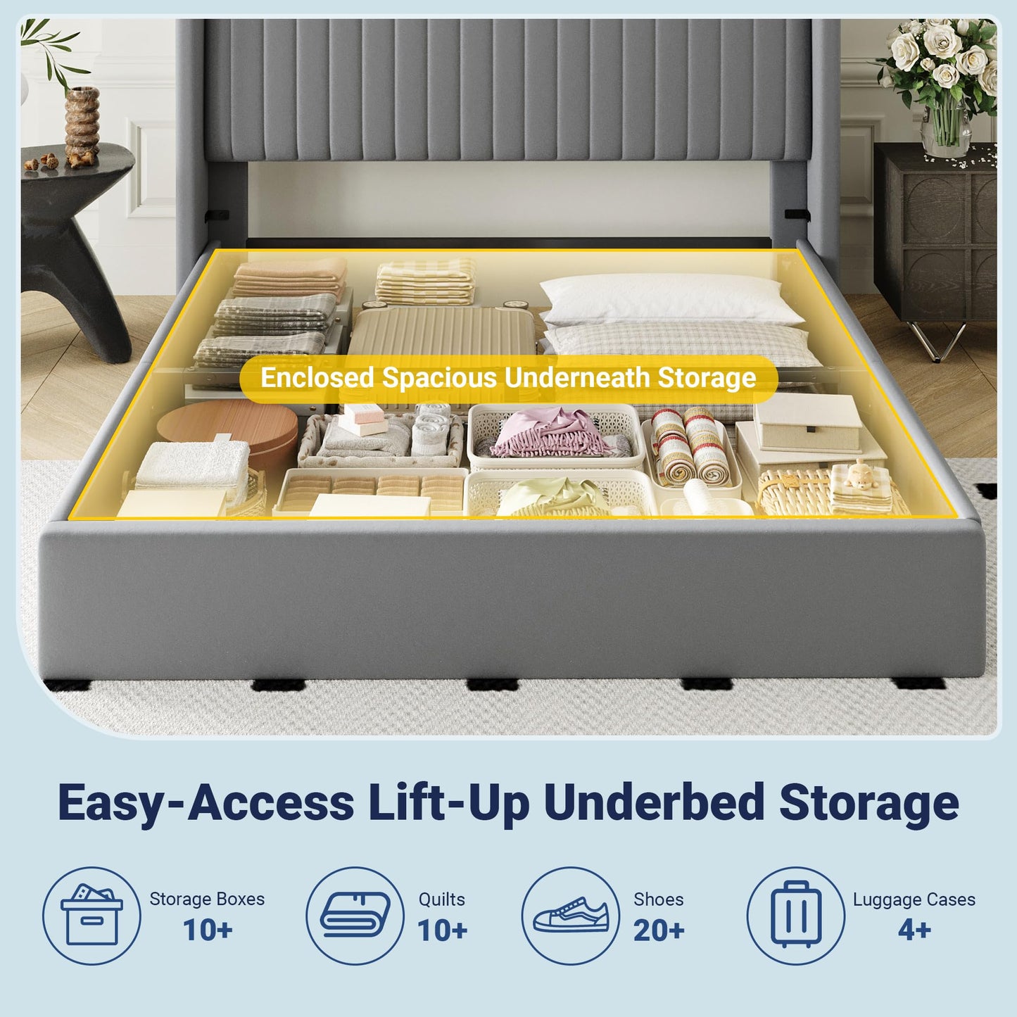 Allewie Queen Size Lift Up Storage Bed Frame, Hydraulic Support System, Upholstered Platform Bed Frame, Underneath Storage, Vertical Channel Tufted Headboard with Wingback, No Box Spring Needed, Grey