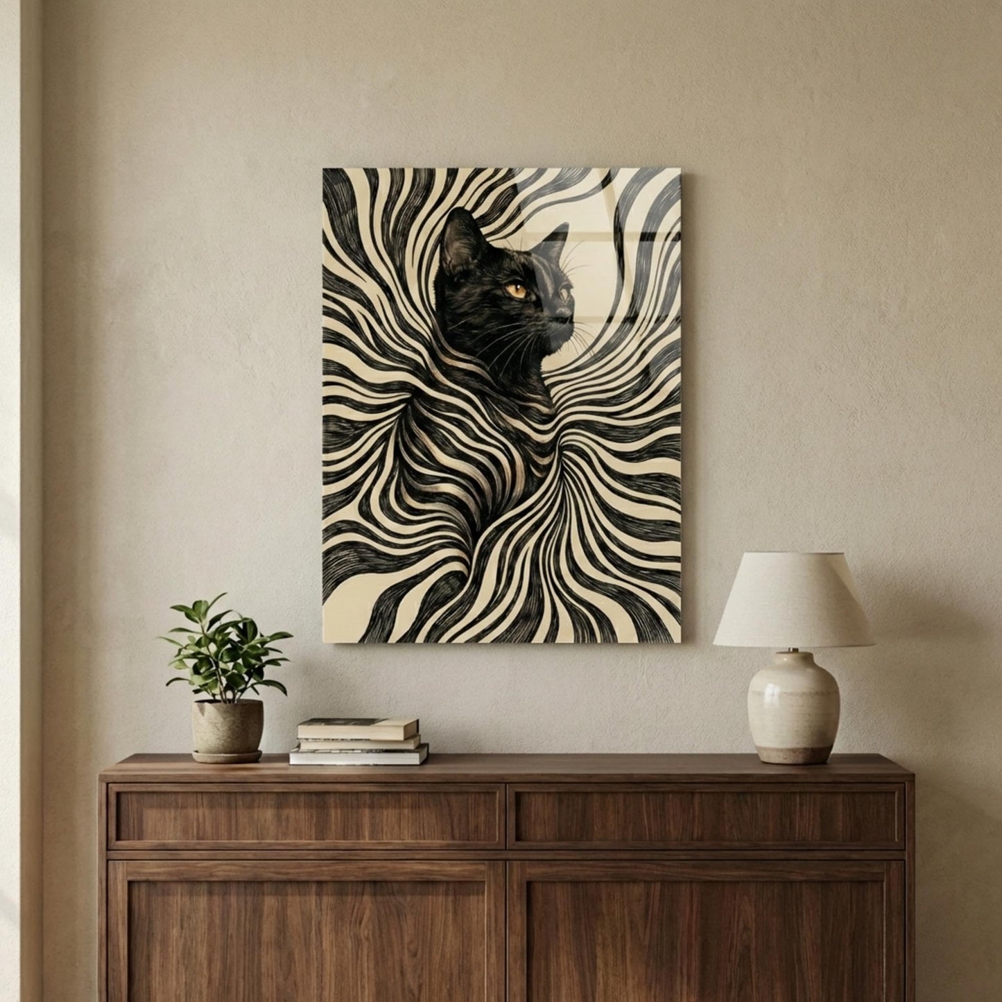 XIART Abstract Black and White Cat Tempered Glass Wall Art, Modern Surreal Optical Illusion Frameless Decor, Large Glossy Animal Print for Living Room, Bedroom & Office