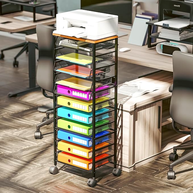 Simple Trending 12-Tier Rolling File Cart, Desk File Organizer with 11 Mesh Sliding Trays, Letter & Legal Paper Storage Rolling Utility Cart for Office Home School, Black