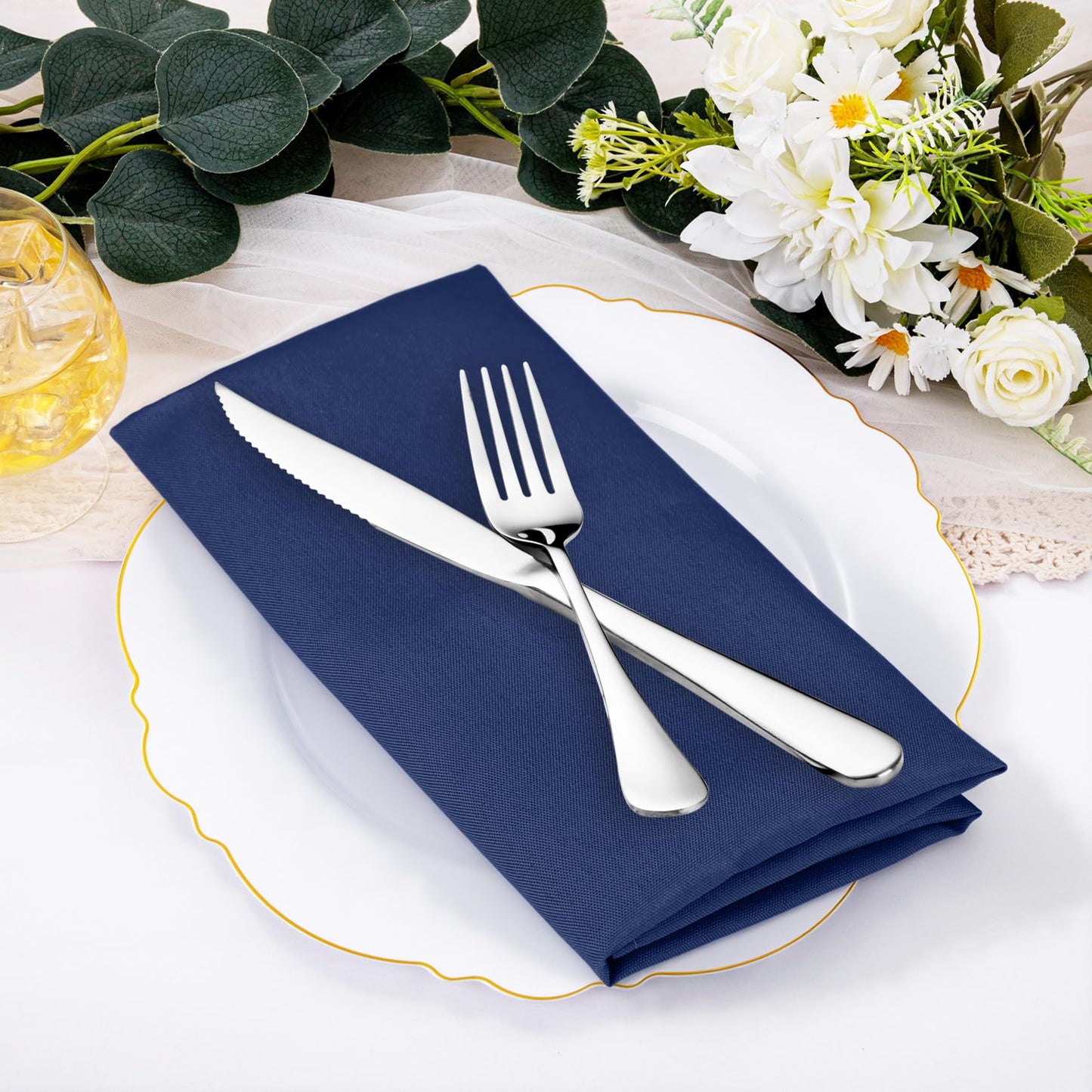 SuperO Set of 80 Cloth Napkins 17 x 17 Inch, Polyester Solid Washable Dinner Napkins with Hemmed Edges,Great for Restaurant, Wedding and Party(Navy Blue)