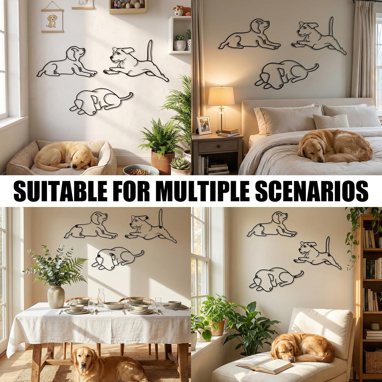 BrightRow 3 Pcs Dog Wall Art Minimalist Abstract Pet Line Drawing Decor Black Metal Modern Pet Sculptures Dog Lover Gifts for Living Room Bedroom Kitchen Wall Decorations(Puppy B)