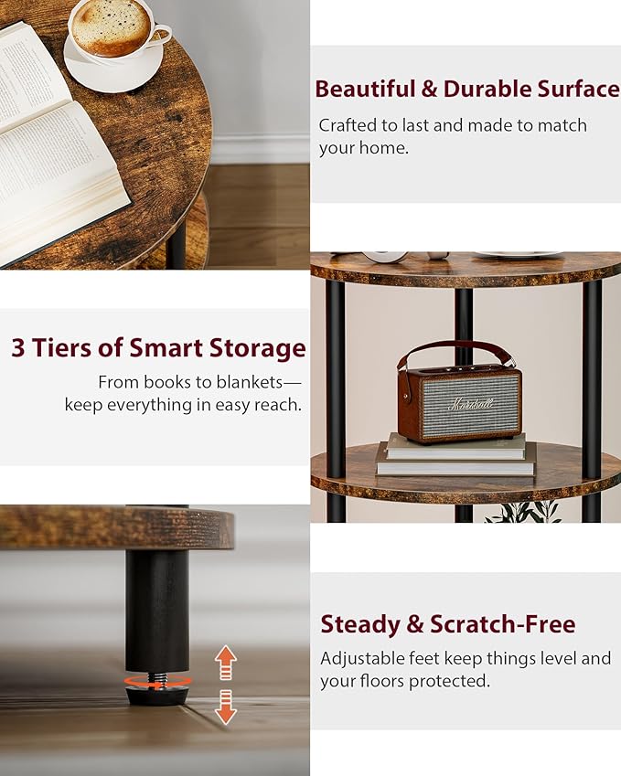 XBurmo Small Round Coffee Table - 3 Tier Design Accent Table, Narrow Side or Bedside Stand, Industrial Vintage Nightstand for Bedroom, Living Room, or Small Spaces, Rustic Brown