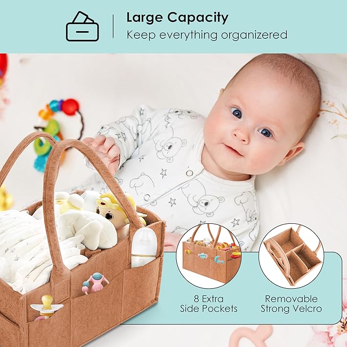 HIPHOP PANDA 2-Pack Diaper Caddy Organizer - Nursery Storage Bin & Car Organizer for Diapers, Wipes, and Baby Essentials - Dual-Color Solid Set (Caramel/Oatmeal), Large Size