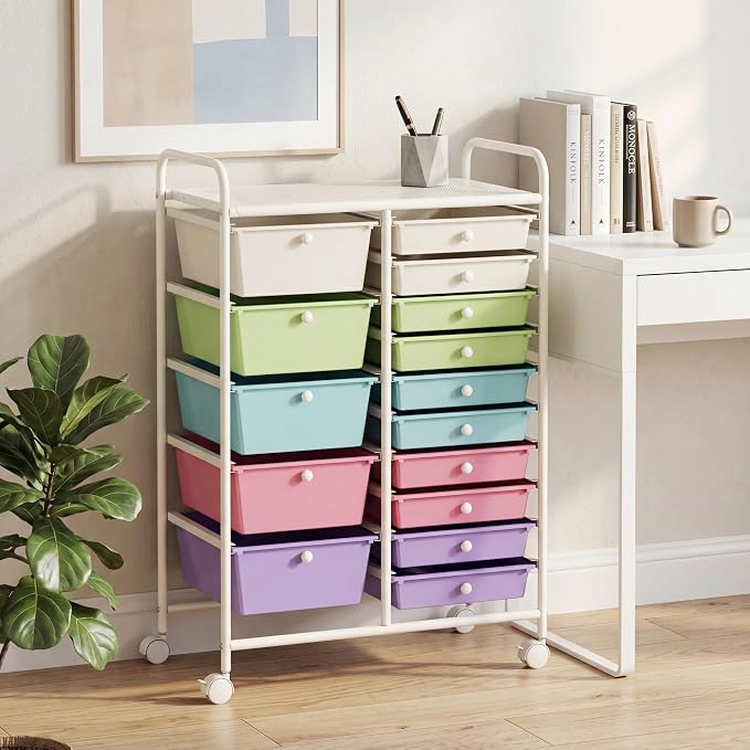 GOFLAME 15-Drawer Rolling Storage Cart, Craft Storage Cart with Removable Drawers & Lockable Wheels, Art Cart Supply Storage Organizer for Home Office Classroom, Ice Cream