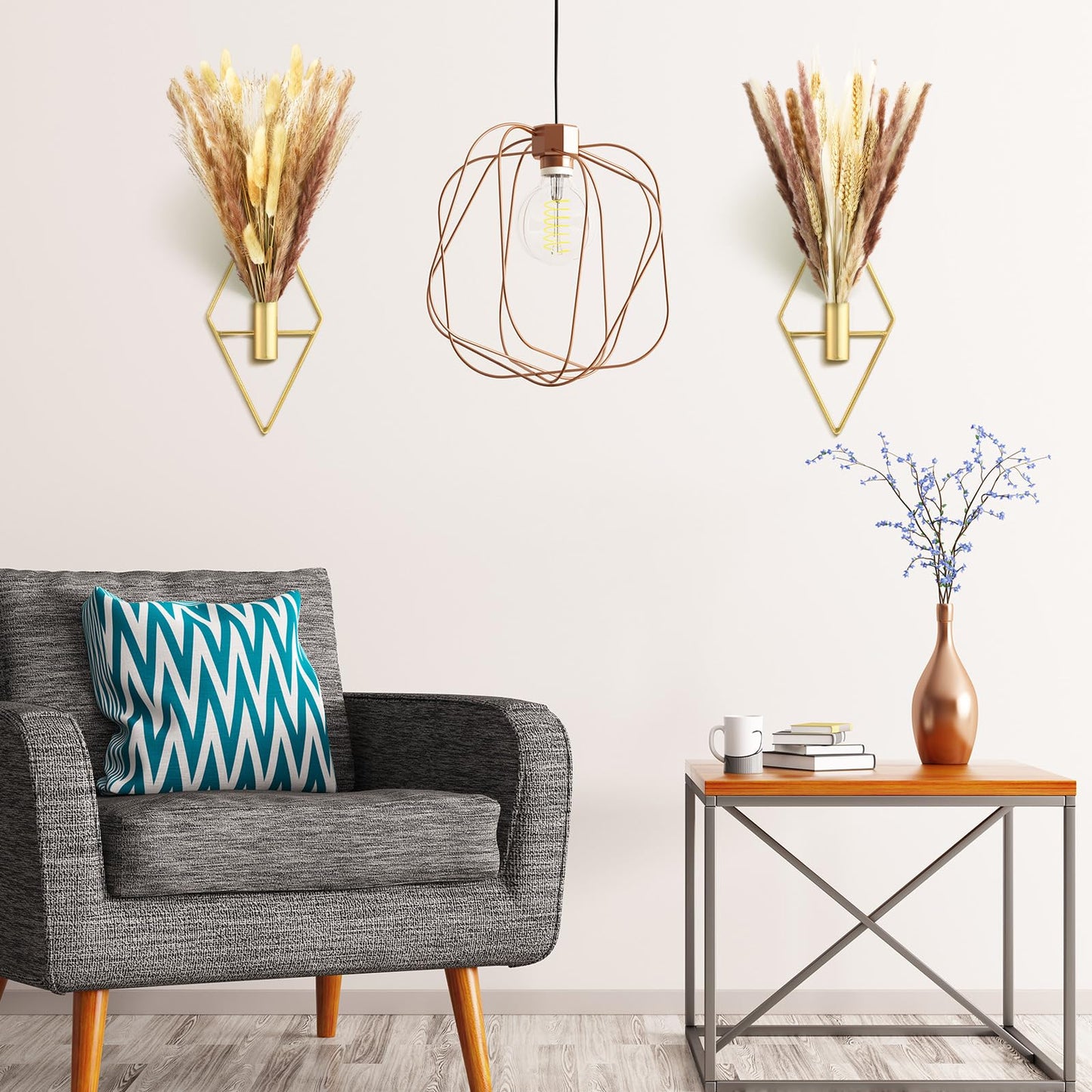 Peryiter 2 Pcs Small Boho Wall Decor Hanging Planters with Artificial Pampas Metal Wall Art Modern Home Decor Display Art for Bedroom Bathroom Living Room(Gold)