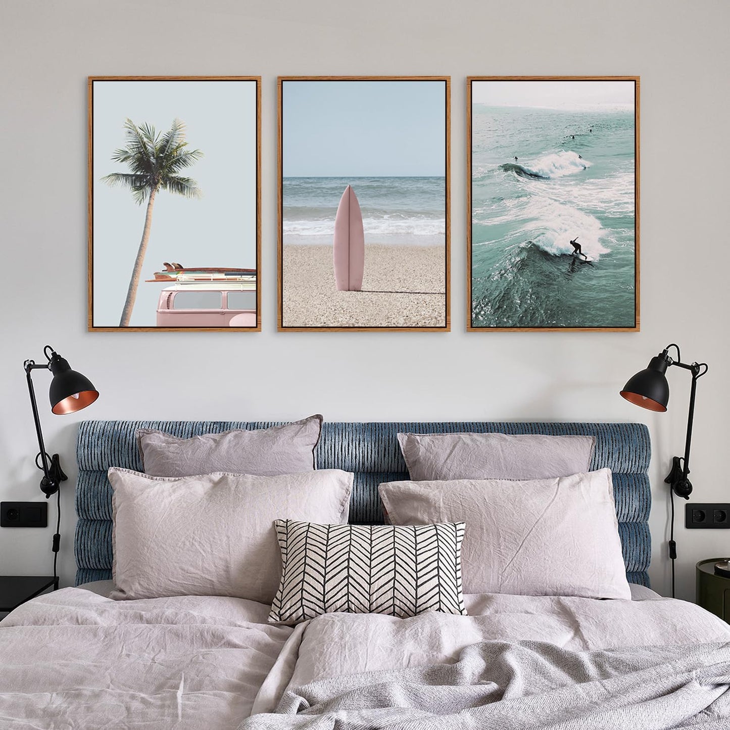 CHDITB Beach Framed Canvas Wall Art Set, Palm Tree Surfboard Seascape Wall Decor, Ocean Surfing Wall Painting, Coastal Art Print for Living Room, Bedroom, Dining Room, Bathroom - Large Size 16"x24"x3