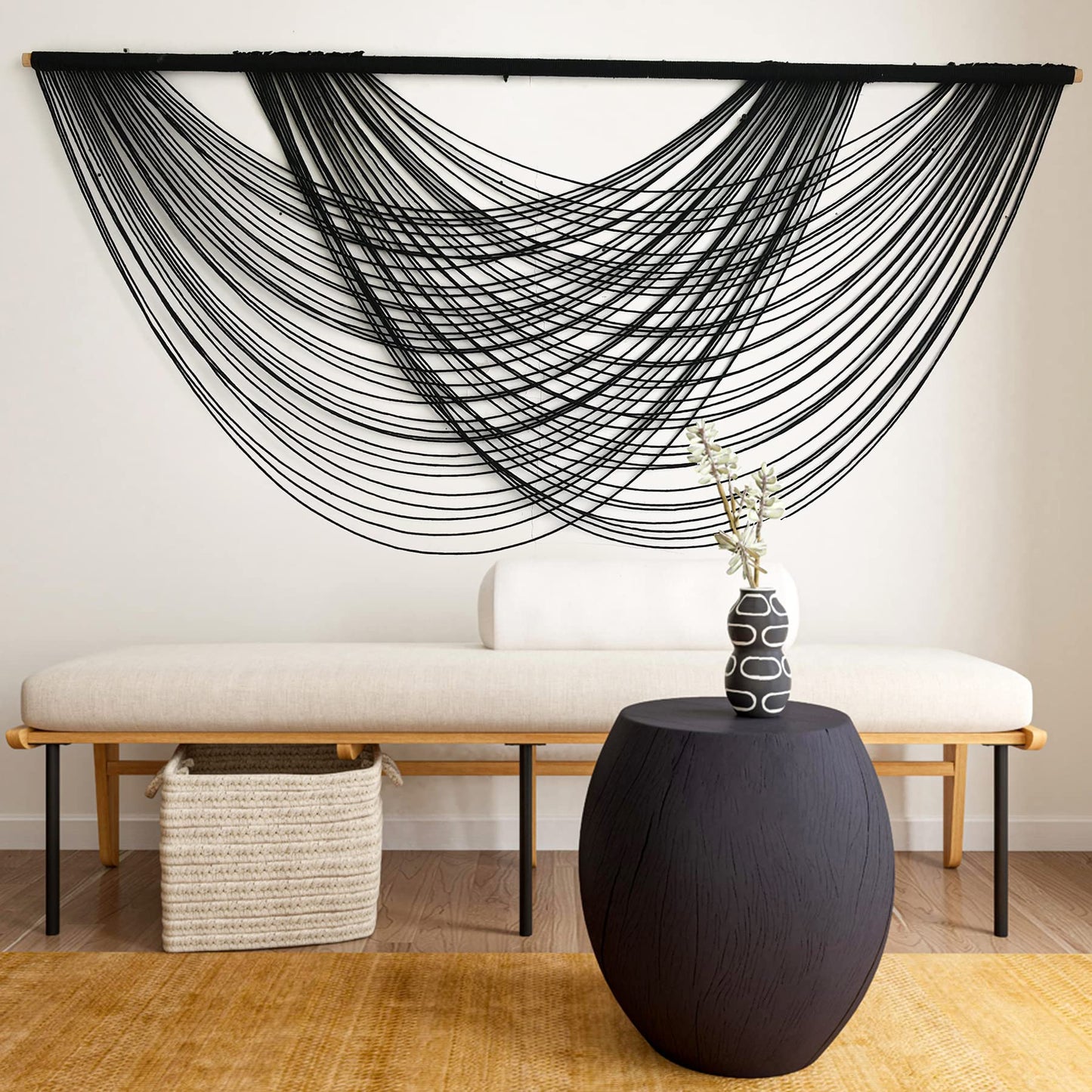 Flber Macrame Wall Hanging Black Boho Wall Decor Large Boho Yarn Tapestry Living Room Bedroom Home Wall Decor 57" W x27 L
