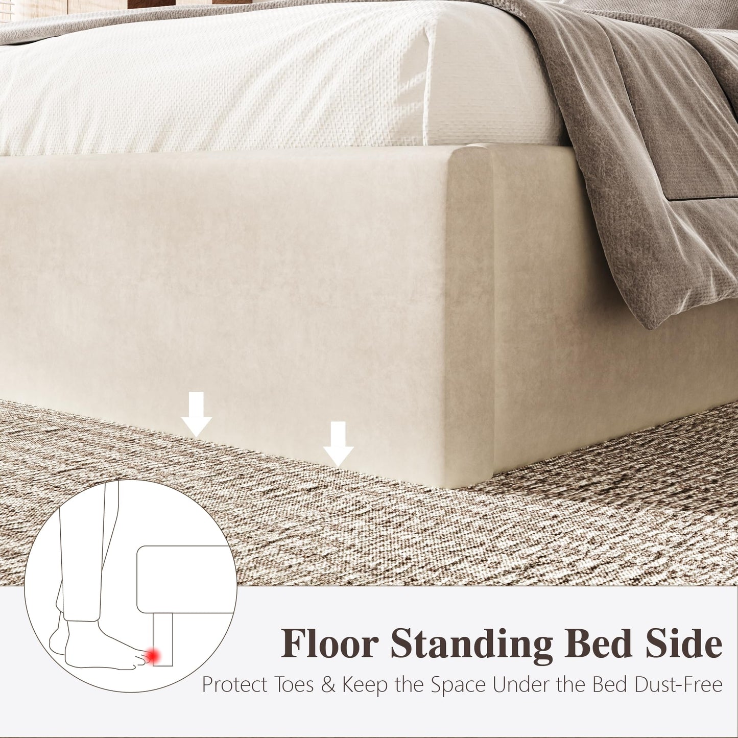 Sismplly Queen Size Cloud Bed Frame with 47" Tall Headboard, Velvet Upholstered Platform Bed with Thickened Sides & Footboard, Modern Floor-Standing Design, No Box Spring Needed, Easy Assembly, Beige