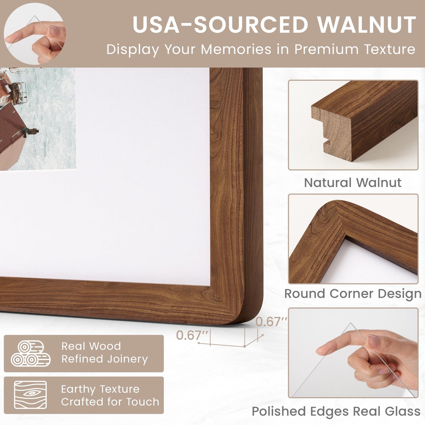 Dreamland 4x6 Picture Frame with Mat for 3.5x5, USA-Sourced Natural Walnut Wood Photo Frames with Resistant Plexiglass, 4 x 6 Handcrafted Round Corner Wooden Frame for Gallery Art Prints or Home Decor